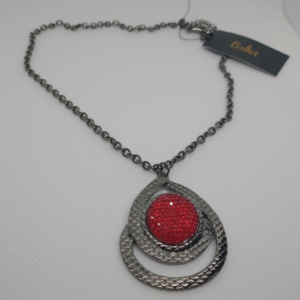 Dark Metal Necklace with Red Rhinestone